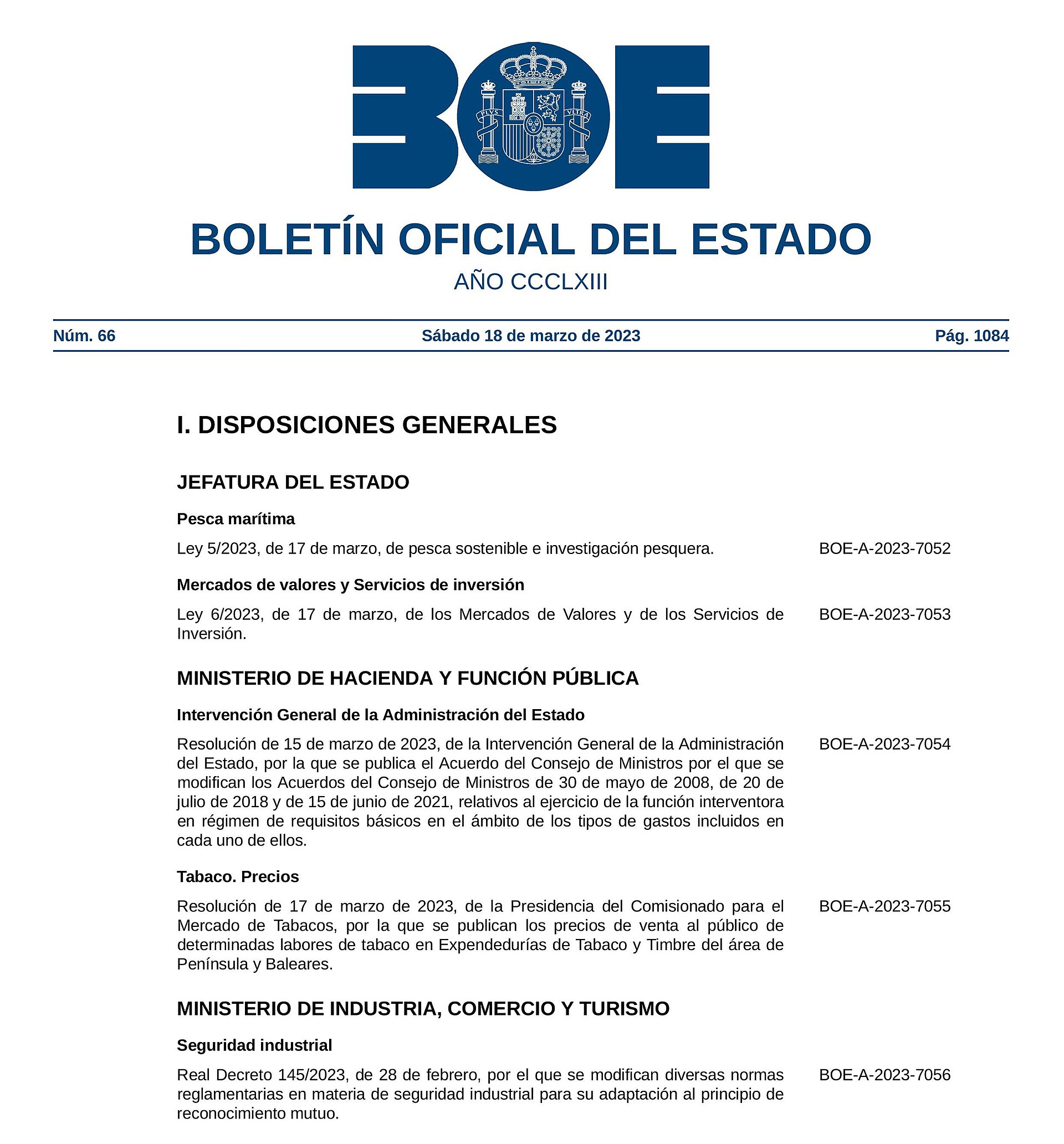 Portada del Boletín Oficial del Estado con el sumario de disposiciones generales del día.