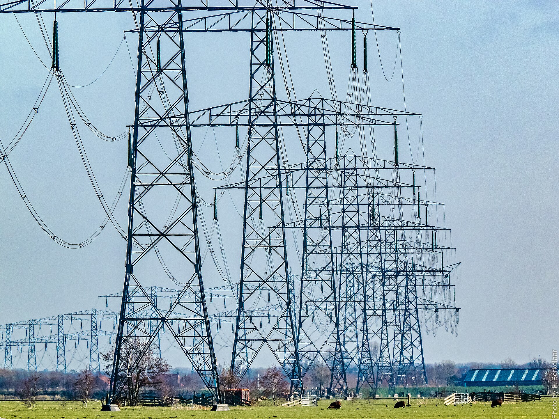 Torres de alta tensión y líneas eléctricas recortadas contra un cielo despejado.
